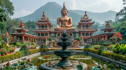 Wide-Angle View of Buddhist Temple: Vibrant Buddha Purnima Celebration