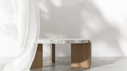 Minimal colorful terrazzo podium table, blowing sheer curtain, in dappled sunlight, leaf shadow on white wall. Luxury beauty, cosmetic, skincare, body care, fashion product display background 3D
