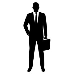 a business man stand with briefcase vector silhouette, black color illustration, solid white background