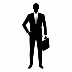 a business man stand with briefcase vector silhouette, black color illustration, solid white background