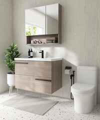 Modern, luxury bathroom with brown vanity counter, washbasin, mirror cabinet, partition to shower...