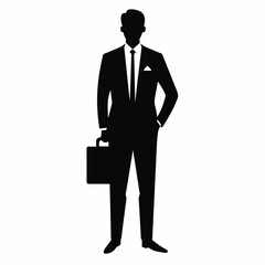 a business man stand with briefcase vector silhouette, black color illustration, solid white background