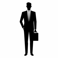 a business man stand with briefcase vector silhouette, black color illustration, solid white background