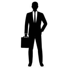 a business man stand with briefcase vector silhouette, black color illustration, solid white background
