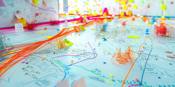 The Infinite Sea of Imagination: A whiteboard covered in doodles, sticky notes, and a colorful string map