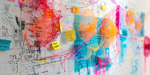 Endless Oasis of Creativity: A Whiteboard Abounding with Sketches, Sticky Notes, and a Vibrant String Map