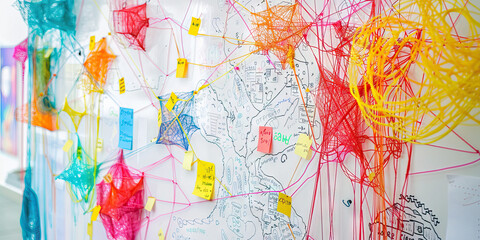 Endless Oasis of Creativity: A Whiteboard Abounding with Sketches, Sticky Notes, and a Vibrant String Map