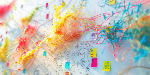 Endless Oasis of Creativity: A Whiteboard Abounding with Sketches, Sticky Notes, and a Vibrant String Map