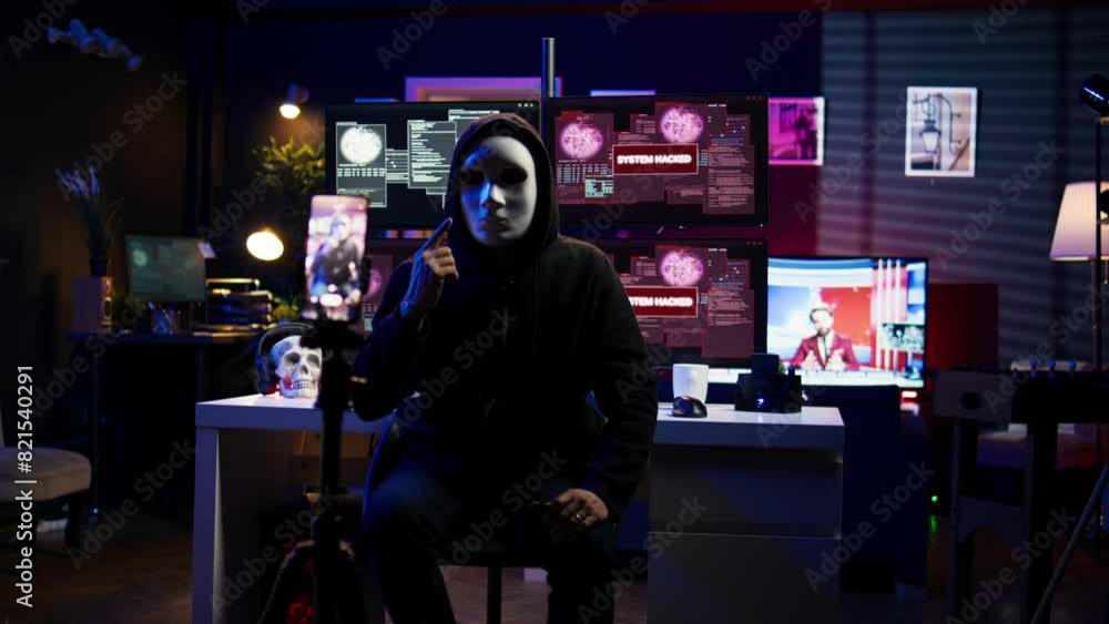 Aufkleber hacker concealing identity filming ransom video in hidden underground base, threatening to release s