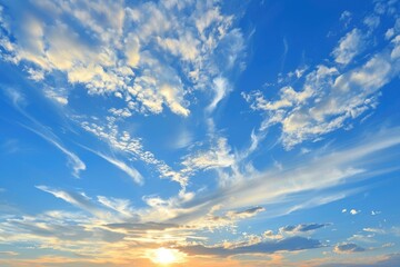 Fototapeta premium Sunset on blue sky. Blue sky with some clouds. blue sky clouds, summer skies, cloudy blue sky with generative ai