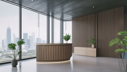 Modern wooden and dark concrete office with panoramic window and city view, reception desk and decorative plant. Lobby concept. 3D Rendering.