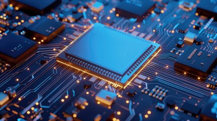 futuristic blue chip with glowing elements on the circuit board background. 3D rendering illustration of microchips and motherboards, closeup