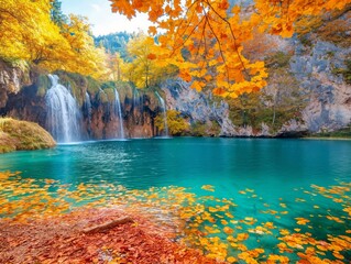 A beautiful waterfall surrounded by a lake with orange leaves on the ground. The water is clear and calm