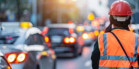 Fototapeta premium Road construction worker wearing hard hat and reflective vest at a busy intersection