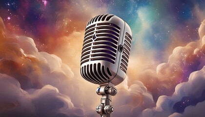 Music backdrop with vintage microphone against backdrop of cosmic of stars and nebulae, symbolizing...