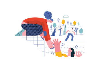 Mutual Support: Save a drowning person -modern flat vector concept illustration of woman reaching out to drowning woman A metaphor of voluntary, collaborative exchanges of resource, services