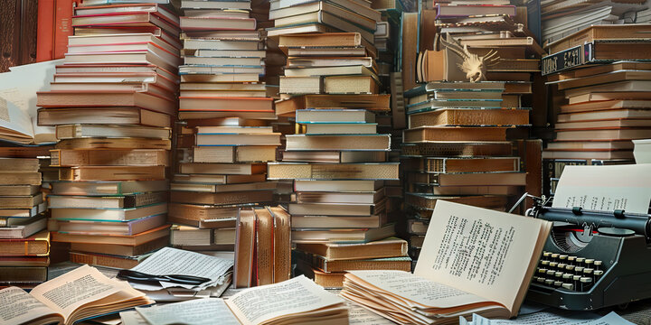 The Enigmatic Tower of Babel: A towering stack of open books, scattered papers, and an ancient typewriter