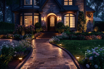 Fototapeta premium An outdoor lighting system illuminates the front walkway and landscaping around a home at night, creating a welcoming atmosphere for guests entering through the entrance.