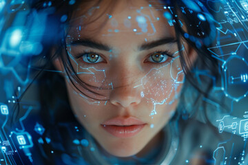 Surrounded by digital data and cyberpunk elements, a woman stands against a futuristic backdrop.