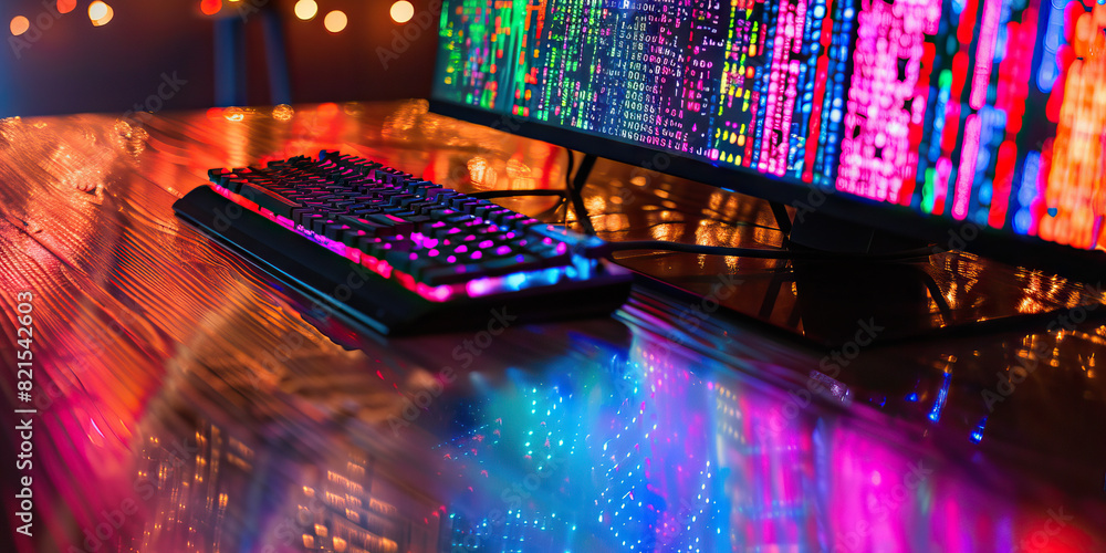 Poster the shimmering sea of data: a computer monitor displaying vibrant codes, reflecting on a dark wooden