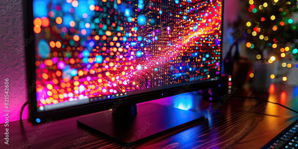 Aufkleber reflections of digital realm: a computer monitor with vivid code displays resting on a rustic wooden