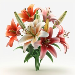 A stunning, high-quality image showcasing a bouquet of orange and pink lilies with green stems and leaves against a white background