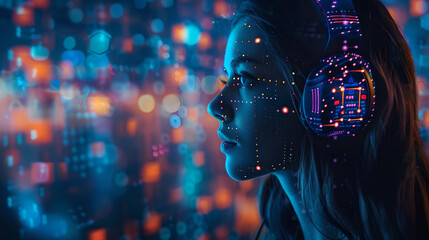 Woman with Digital Headphones in Neon Light
