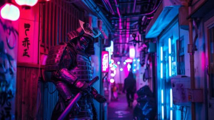 Retro-Futuristic Cyber Samurai Warrior in Neon City