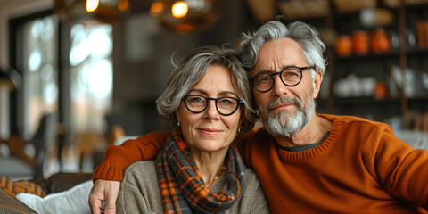 A middle-aged couple sits in a modern living room, one wearing black glasses and the other with short grey hair with bangs.