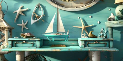 Oceanic Abode: An aquatic-inspired workspace adorned with turquoise-hued accessories, underwater-themed art, and a sailboat display for a touch of nautical charm.