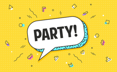 Memphis party speech bubble for celebration message, vector background. Birthday party, holiday carnival or entertainment festival greeting in chat message bubble with Memphis shapes confetti