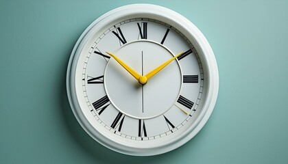 Part of white wall clock with yellow second hand hanging on wall. Close up image of plastic wall clock over turquiose blue background with copy space. Photo of time management or time is going concept