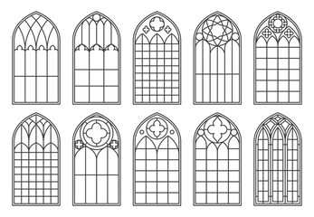 Gothic church glass windows and medieval castle arches. Isolated vector black outline silhouettes set. Vintage stained glass frames cathedral interior, traditional european architecture elements