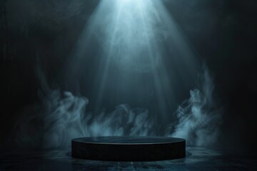 podium on dark background with smoke. Empty pedestal for award ceremony. Platform illuminated by...