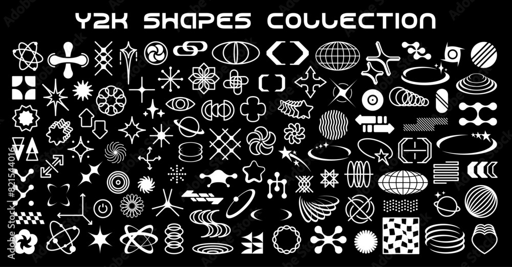 Aufkleber monochrome retro y2k shapes and elements, vector modern graphics. abstract geometry forms and figure