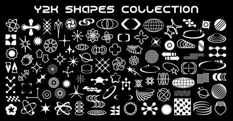 Monochrome retro y2k shapes and elements, vector modern graphics. Abstract geometry forms and figures, stars, arrows, hearts and flowers futuristic symbols. Planet globes, sparks and atom silhouettes