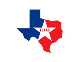 Texas state symbol, map icon with vector silhouette of Texas, red blue and white flag with star. USA country the lone state isolated badge for t-shirt print. Texas map badge in national flag colors