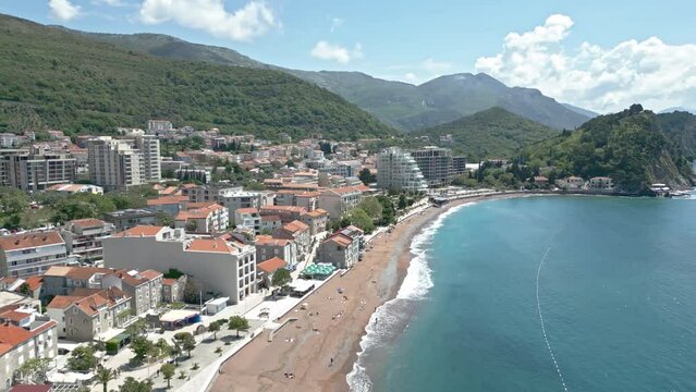 Petrovac na Moru Aerial View. Beaches and coastline of the Adriatic Sea at summer time