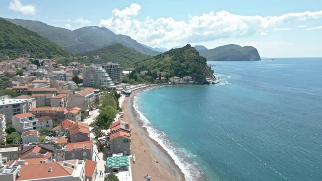 The small resort town of Petrovac with city beach Buljarica, Montenegro, Europe
