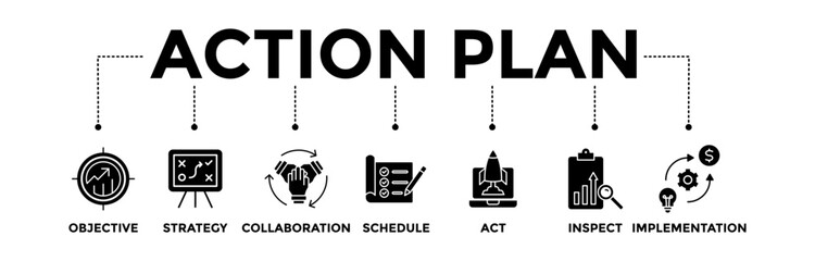 Action plan banner icons set. Vector graphic glyph style with icon of objective, strategy, collaboration, schedule, act, inspect, and implementation	