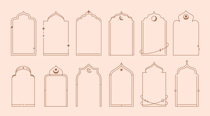 Ramadan boho arch frames. Islamic linear window and door shapes, arabian mosque interior elements. Isolated vector set of arab arcs or portals. Elegant architecture for Muslim Eid Mubarak holiday
