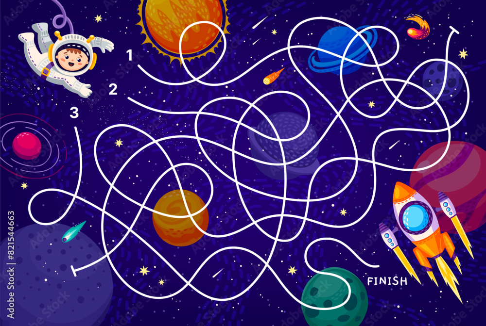 Poster Galaxy labyrinth maze game, help to kid astronaut find his spaceship, vector worksheet. Space maze labyrinth game with kid spaceman in galaxy finding way to rocket shuttle in starry sky