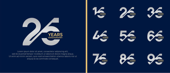 anniversary logo style set, gold and silver color with slash can be use for celebration moment