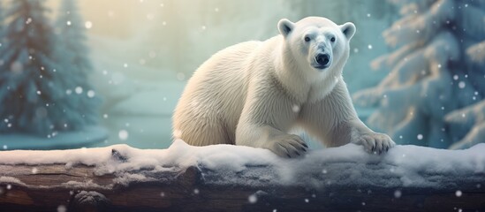 olar bear on snow in arctic forest.