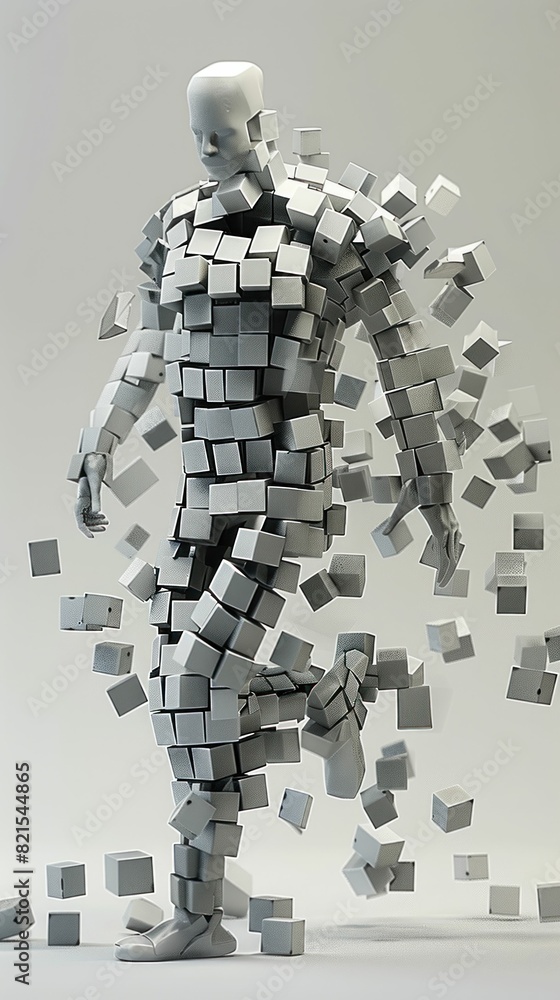 Poster abstract human figure constructed from various shapes and sizes blocks on white background