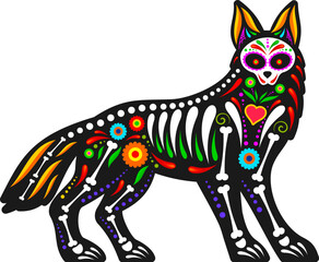 Mexican day of the dead animal sugar skull tattoo. Isolated vector vibrant wild animal figure intricately adorned with colorful patterns and traditional motifs, celebrating life and remembrance