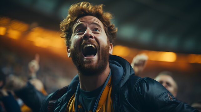 Photo of soccer supporters cheering at the soccer stadium