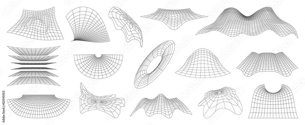 Aufkleber Wireframe grid mesh or futuristic net in 3D perspective, vector geometric shapes. Wireframe elements of distorted terrain with wave line wire warp, retrowave cyber gravity net with grid mesh pattern