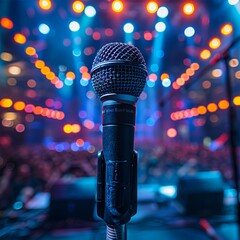  Futuristic music concert stage microphone for live performance. Optimistic embrace of new...