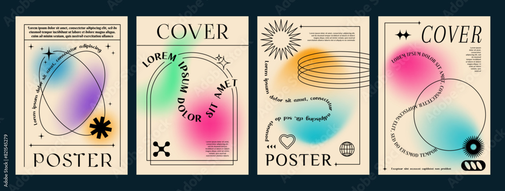Poster aesthetic gradient y2k posters with abstract blurred shapes, line frames and elements. vector trendy